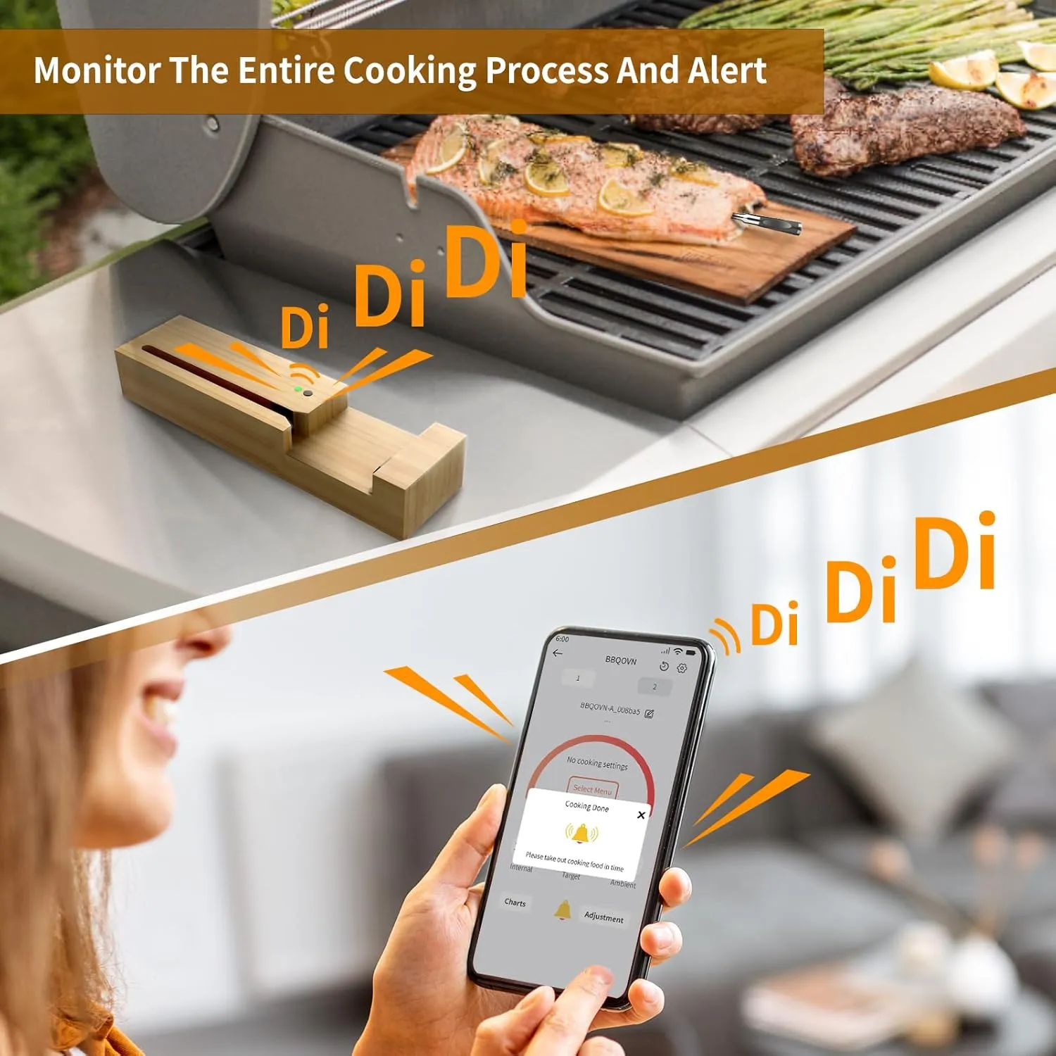 Smart Wireless Meat Thermometer Zero Wire with APP Remote Bluetooth Meat Thermometer, Food Thermometer for Remote Monitoring of BBQ Grill, Oven,Smoker,Pan (1, Black, Small)