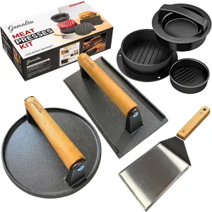 Smashed Burger Press BBQ Kit: 7" Round & 8.2x4.3 Rectangle Cast Iron Bacon Press, 3 in 1 Patty Maker, Spatula 6x5”, Burger Press Griddle Set for Blackstone, Traeger, Grills, Fry Pan