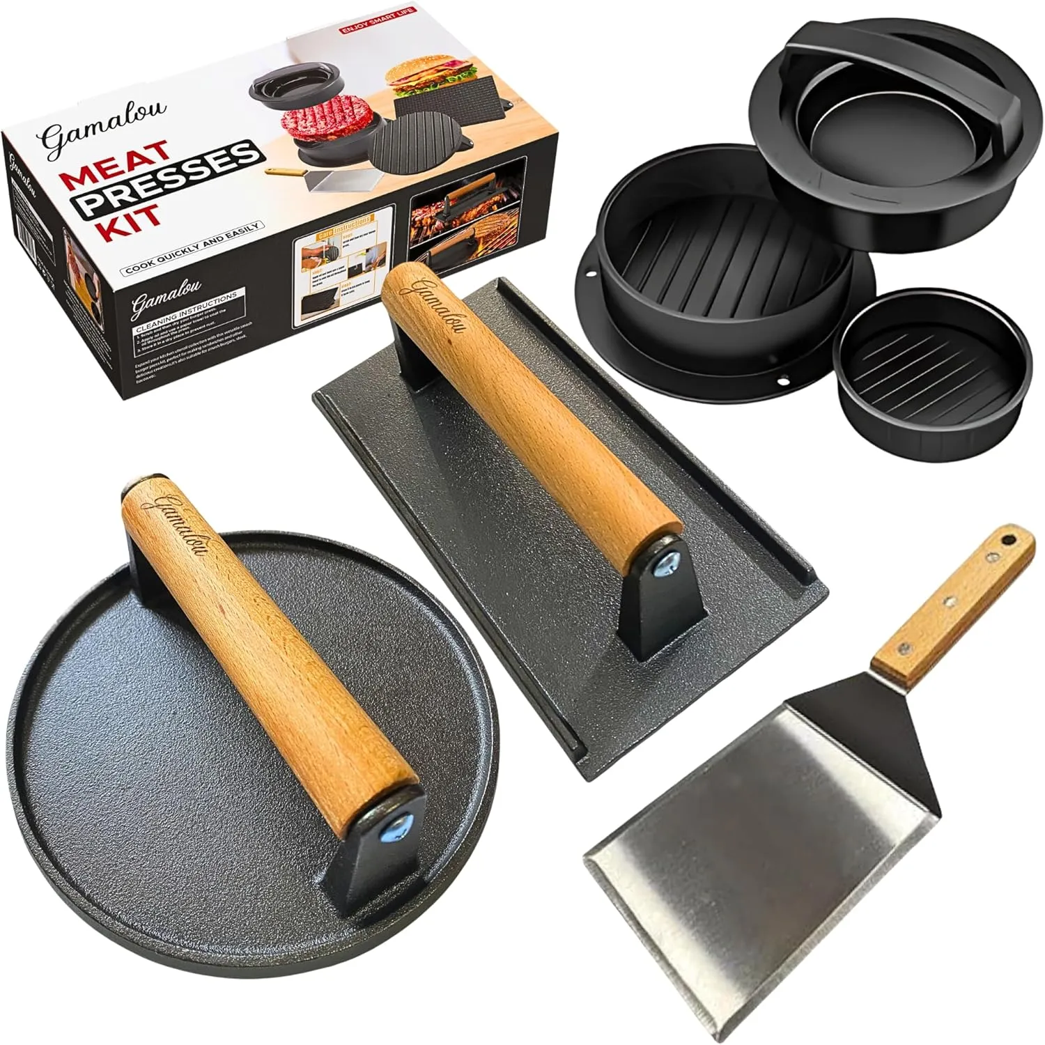 Smashed Burger Press BBQ Kit: 7" Round & 8.2x4.3 Rectangle Cast Iron Bacon Press, 3 in 1 Patty Maker, Spatula 6x5”, Burger Press Griddle Set for Blackstone, Traeger, Grills, Fry Pan