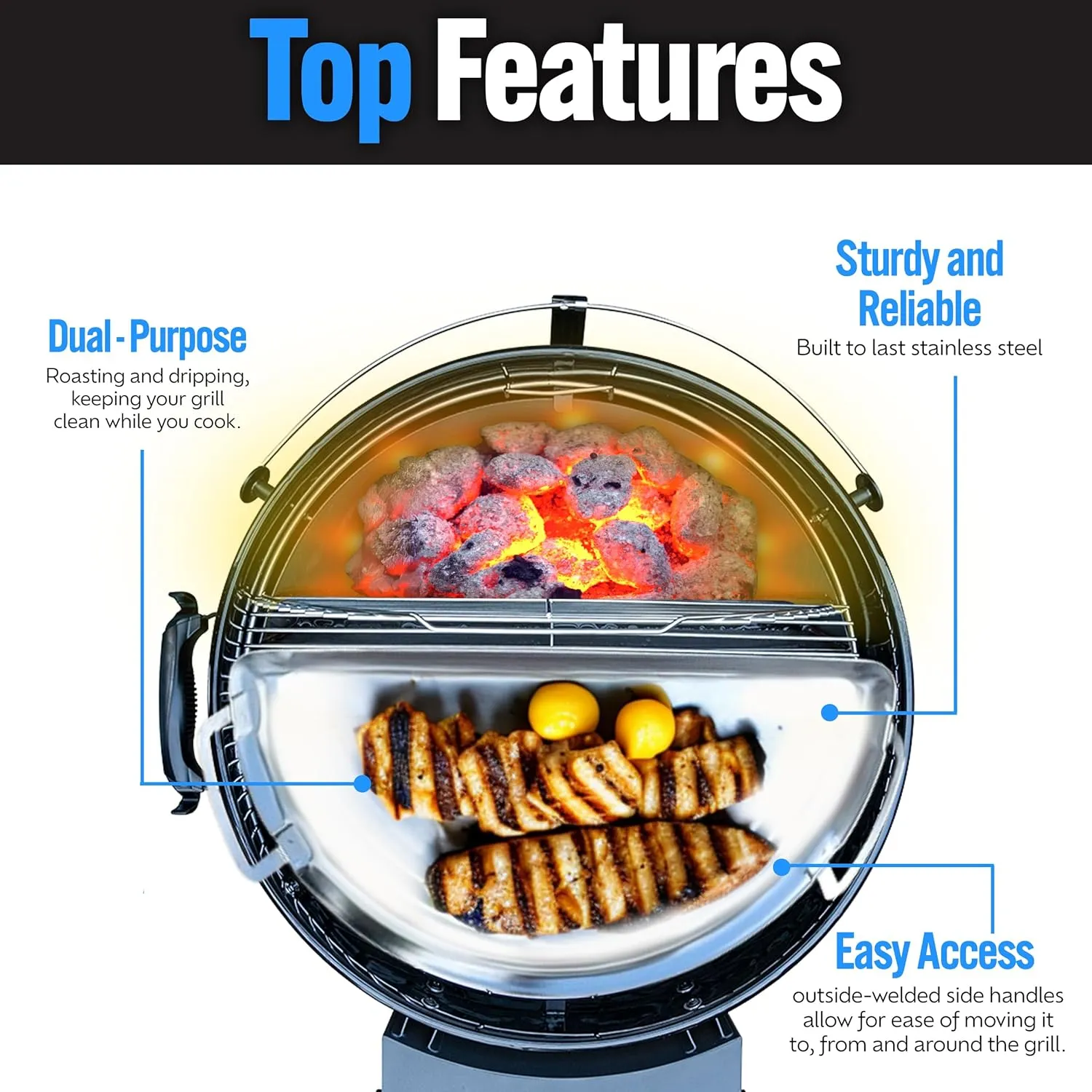 SnS Grills Drip 'N Griddle Pan - 3-in-1 Kettle Grill Accessory for Searing, Dripping, and Griddling, Dishwasher Safe Stainless Steel BBQ Accessory Ideal for 22" Weber and Other Charcoal Grills
