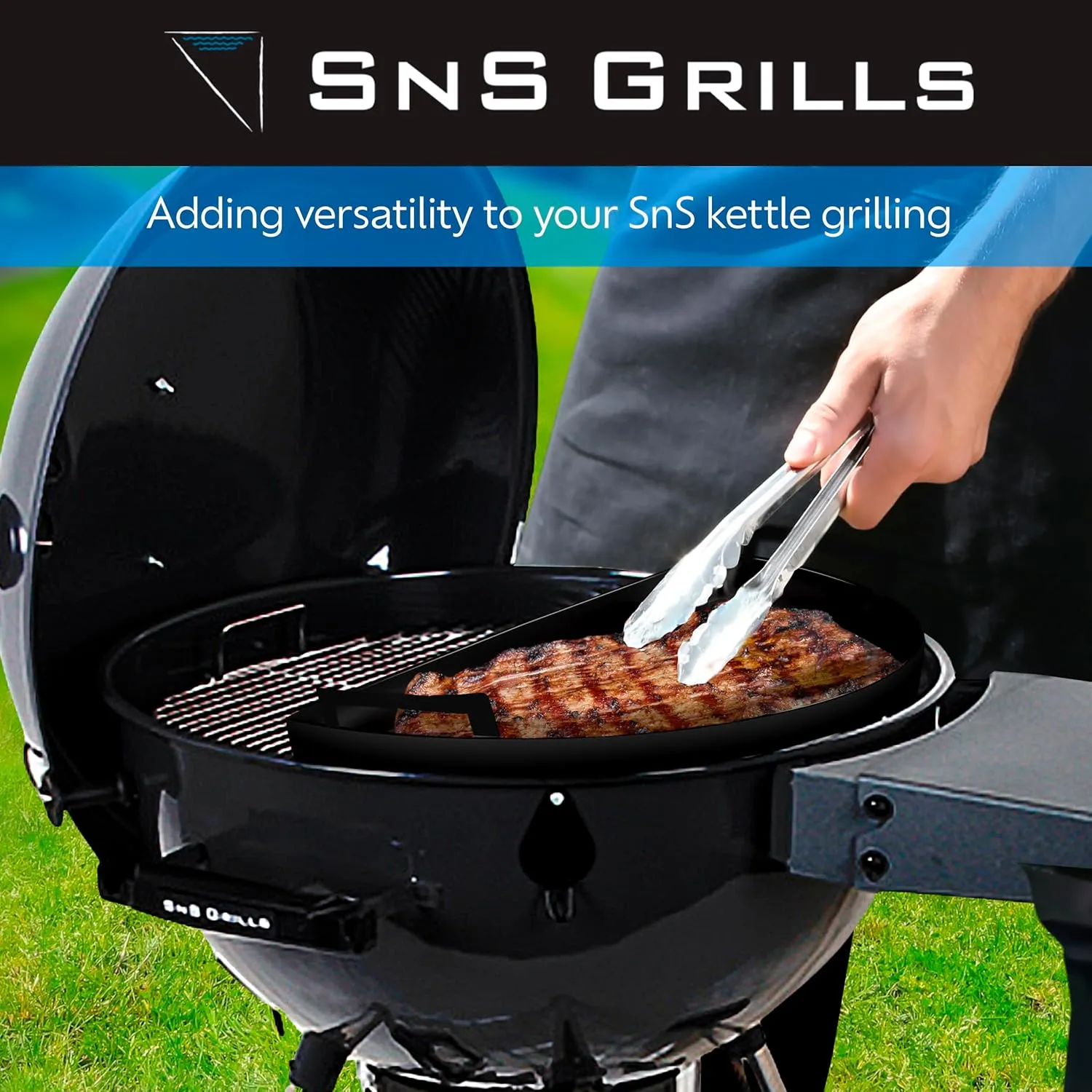SnS Grills Slow ‘N Sear Cast Iron Drip 'N Griddle Pan 18", 3-in-1 Versatile Grill Accessory for Searing, Griddle and Drippings - Fits Weber & other 18” Kettle Grills