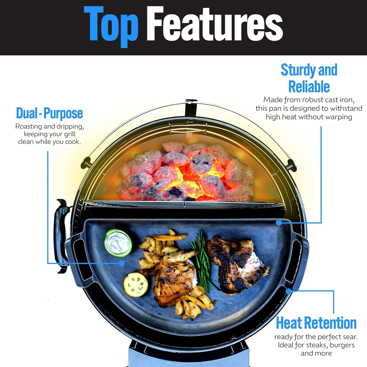 SnS Grills Slow ‘N Sear Cast Iron Drip 'N Griddle Pan 18", 3-in-1 Versatile Grill Accessory for Searing, Griddle and Drippings - Fits Weber & other 18” Kettle Grills