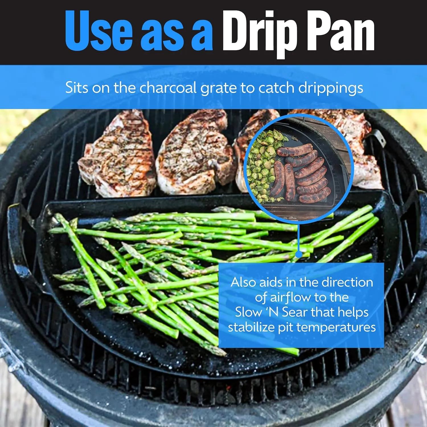 SnS Grills Slow ‘N Sear Cast Iron Drip 'N Griddle Pan 18", 3-in-1 Versatile Grill Accessory for Searing, Griddle and Drippings - Fits Weber & other 18” Kettle Grills