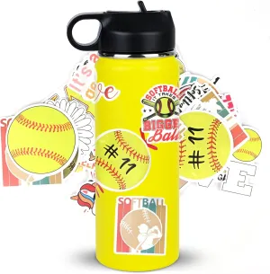 Softball Water Bottles for Girls 18 oz and 50 PCS Softball Stickers Personalized Stainless Steel Insulated Sports Water Bottle Softball Gifts Accessories Stuff Gear for 8-12 12-14 Player