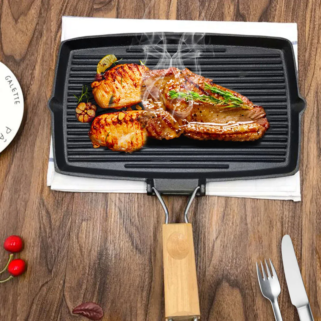 SOGA 20.5cm Rectangular Cast Iron Griddle Grill Frying Pan with Folding Wooden Handle