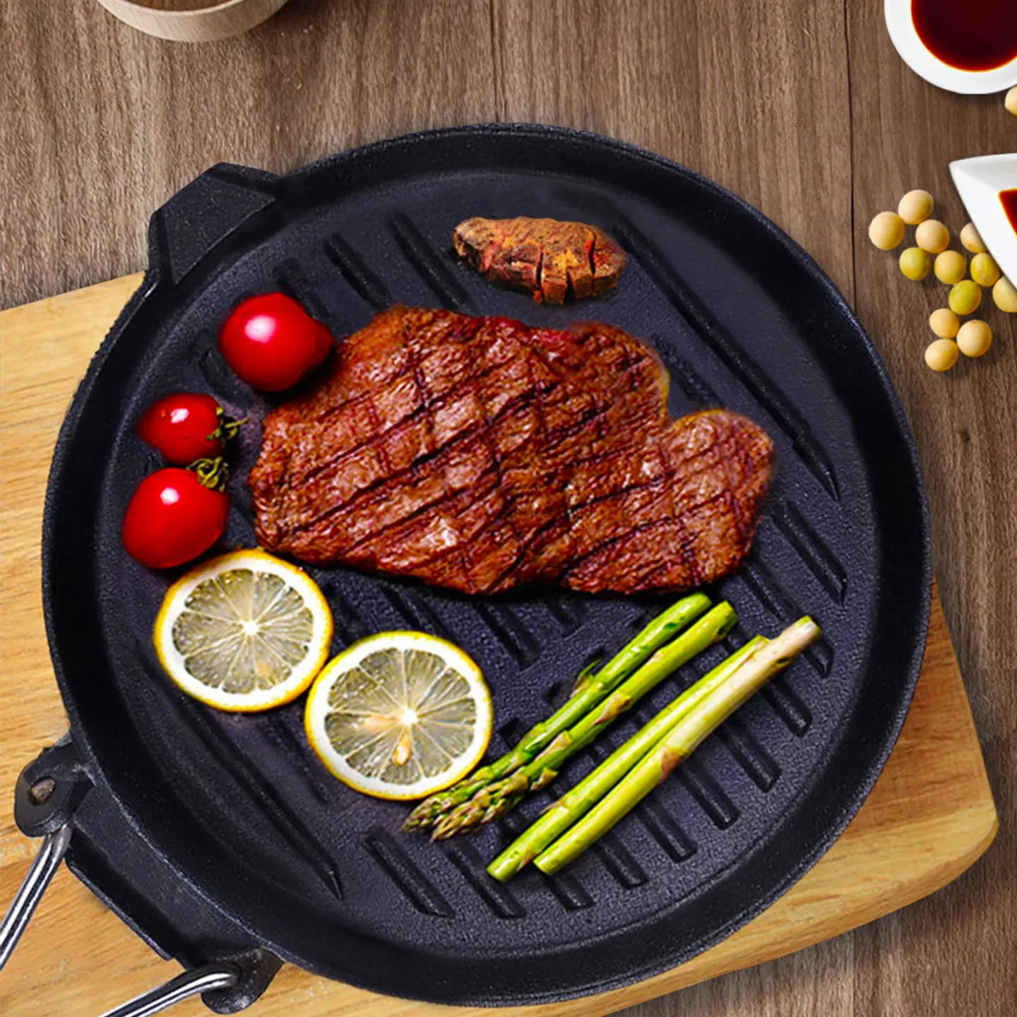 SOGA 24cm Round Ribbed Cast Iron Steak Frying Grill Skillet Pan with Folding Wooden Handle