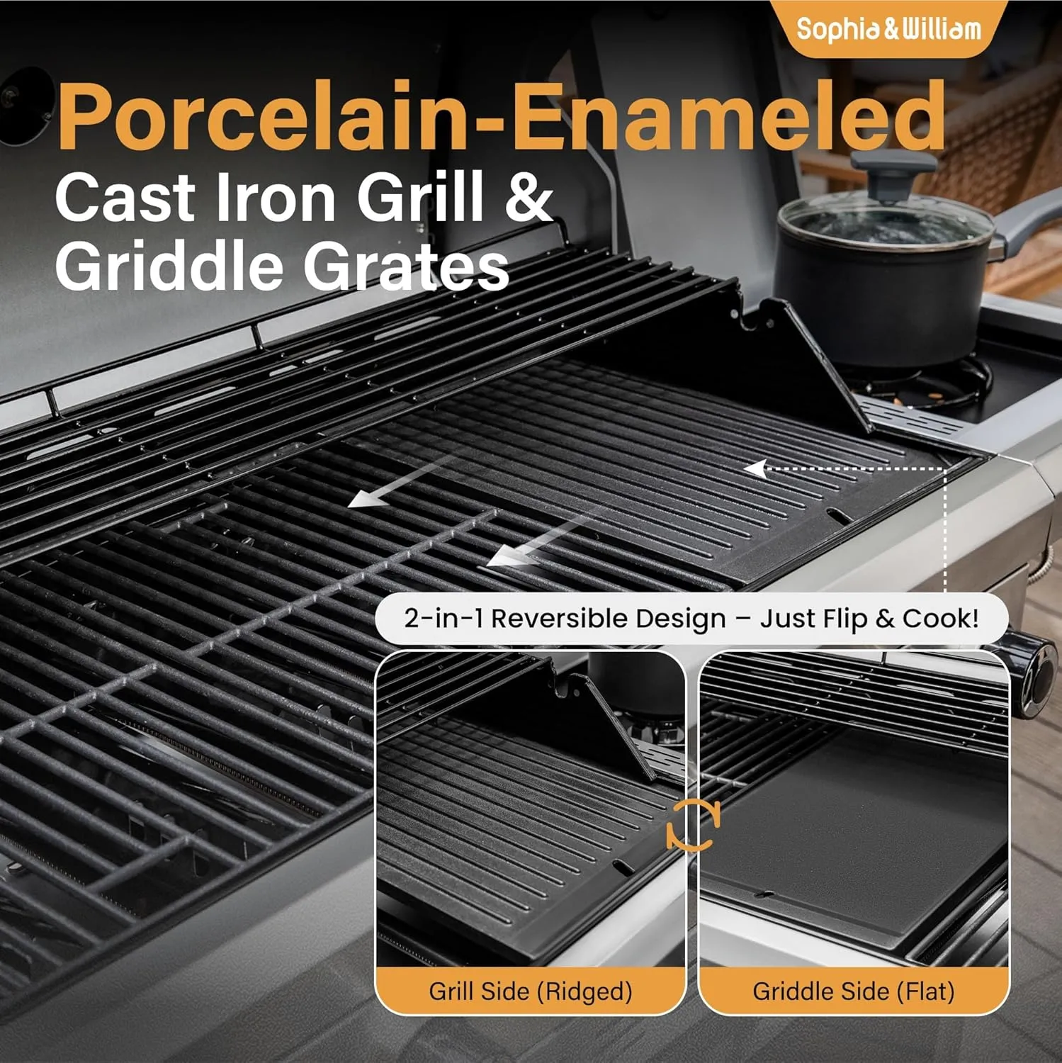 Sophia & William 6-Burner Propane Gas BBQ Grill with Side Burner & Porcelain-Enameled Cast Iron Grates, Large Barbecue Grills Outdoor Cooking with 740 SQ.IN. Cooking Area, 52,000BTU, Black