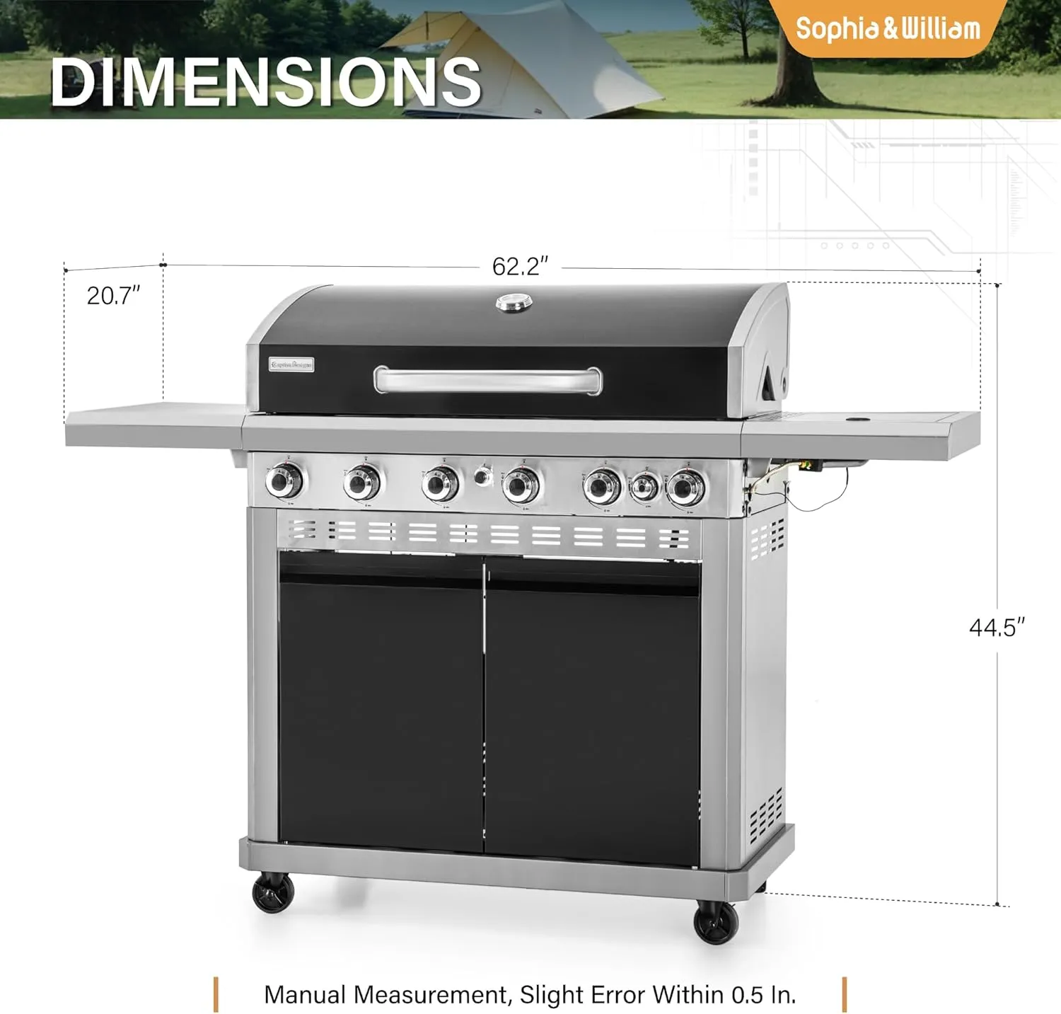 Sophia & William 6-Burner Propane Gas BBQ Grill with Side Burner & Porcelain-Enameled Cast Iron Grates, Large Barbecue Grills Outdoor Cooking with 740 SQ.IN. Cooking Area, 52,000BTU, Black