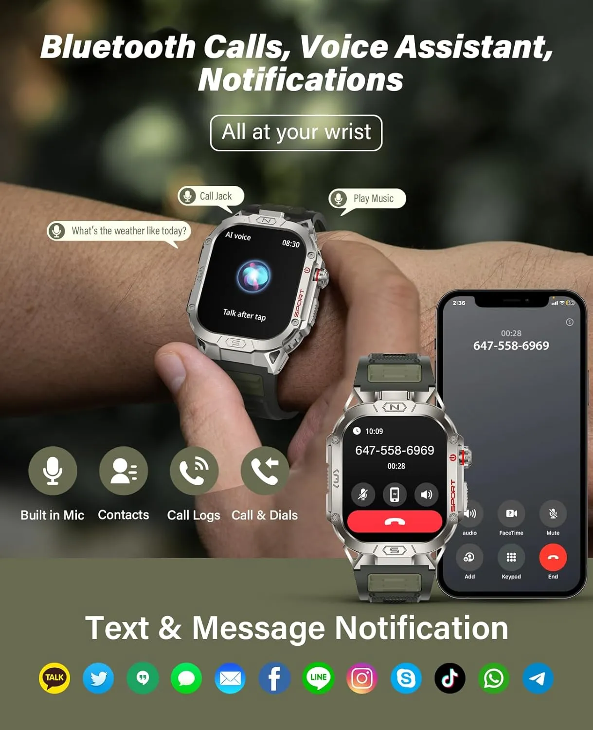 SOUYIE Smart Watch for Men with LED Flashlight, 2.02" HD Display Rugged Outdoor Sport Smartwatch with Compass/Altimeter/Barometer, Waterproof Fitness Tracker, Heart Rate Sleep Monitor for iOS Android