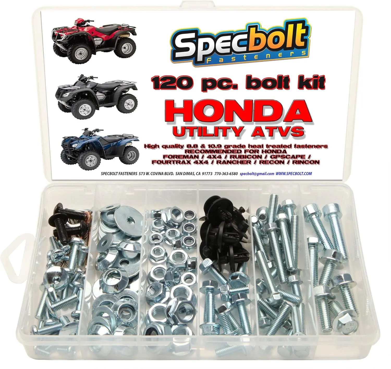 Specbolt Brand 120pc Bolt Kit Configured for Maintenance & Restoration. Fits: Honda Utility ATV Quad Models Including Foreman 4x4 Rubicon GPScape Four Trax 4x4 Rancher Recon & Rincon