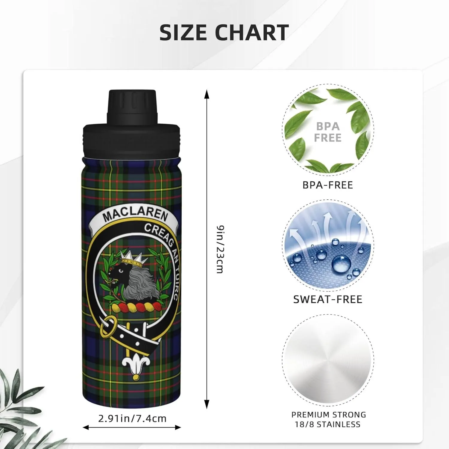 Sports Water Bottle Vacuum Insulated, MacLaren Modern Tartan Clan Badge Stainless Steel Double wall for Gym Travel 18 Oz