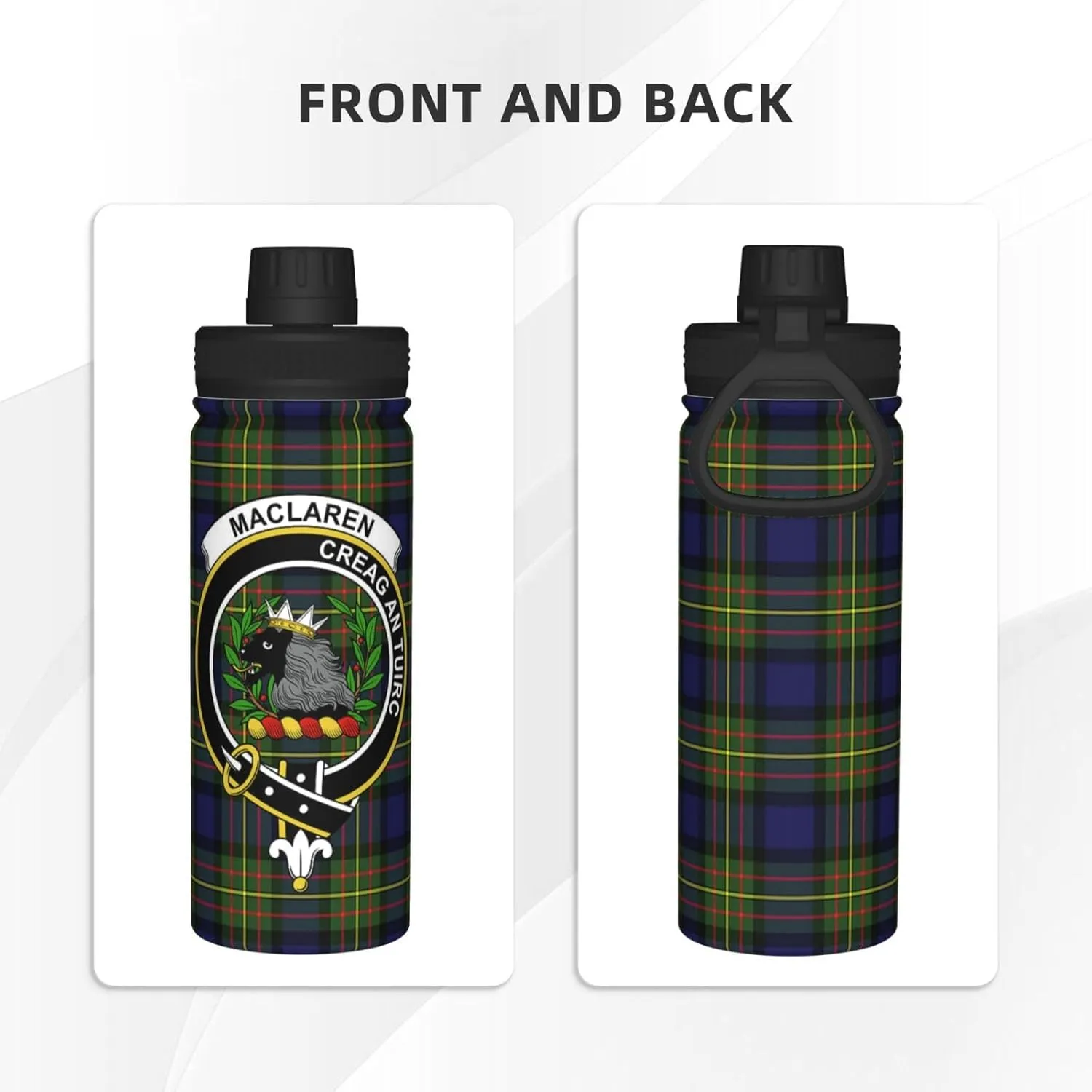 Sports Water Bottle Vacuum Insulated, MacLaren Modern Tartan Clan Badge Stainless Steel Double wall for Gym Travel 18 Oz