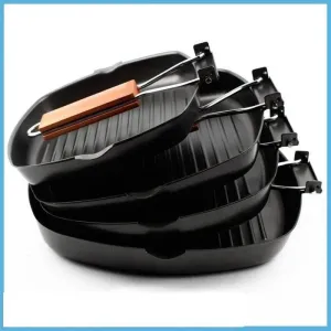 Square Non-Stick Cast Iron Grill Pan with Folding Wooden Handle for BBQ Cooking