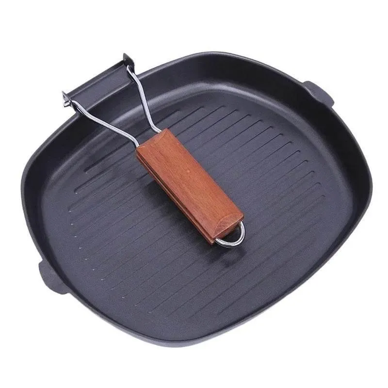 Square Non-Stick Cast Iron Grill Pan with Folding Wooden Handle for BBQ Cooking