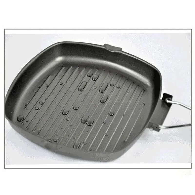 Square Non-Stick Cast Iron Grill Pan with Folding Wooden Handle for BBQ Cooking