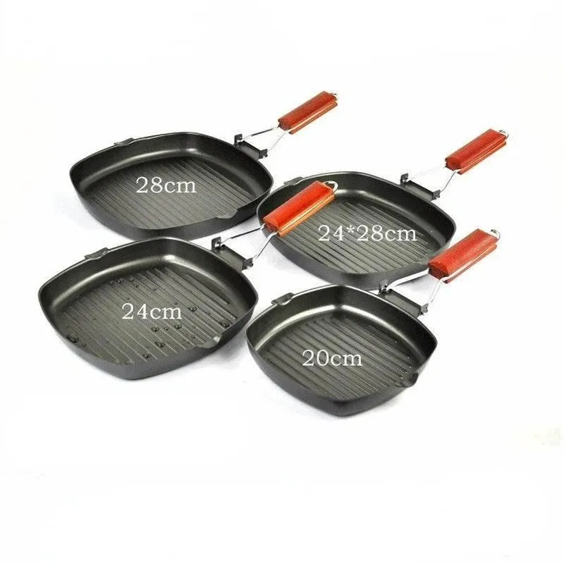 Square Non-Stick Cast Iron Grill Pan with Folding Wooden Handle for BBQ Cooking