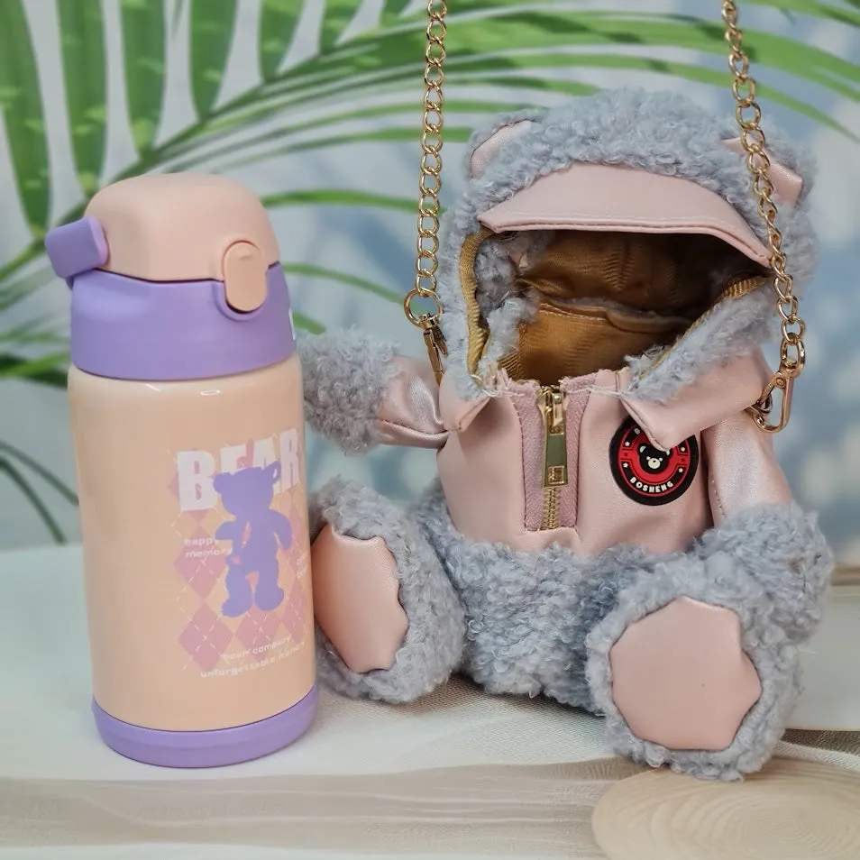 SS Insulated Vacuum Water Bottle - Cute Teddy Carry Cover