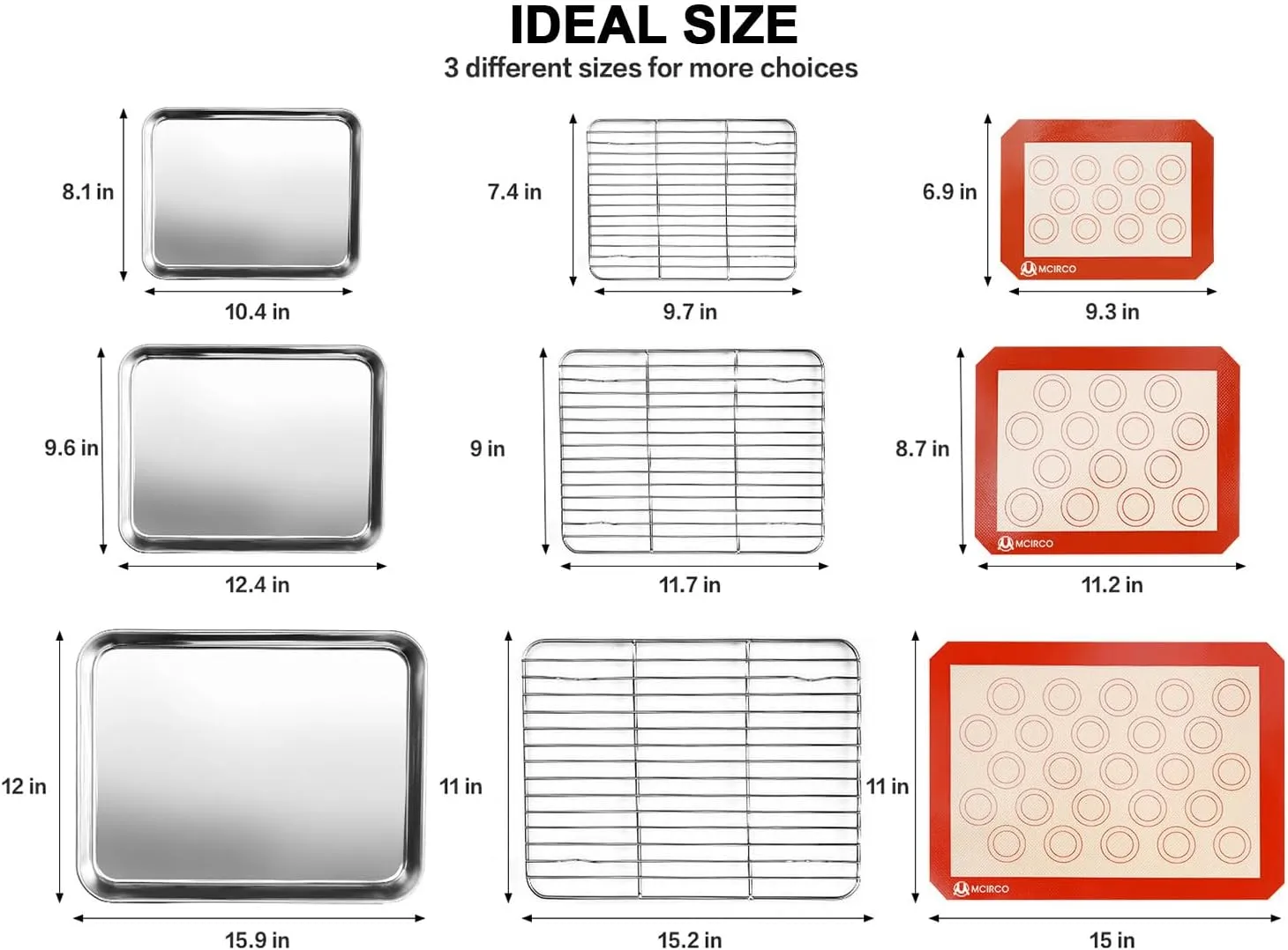 Stainless Steel Baking Sheet Tray Cooling Rack with Silicone Baking Mat Set, Cookie Pan with Cooling Rack, Set of 9 (3 Sheets   3 Racks   3 Mats), 10/12/16 Inch, Easy Clean