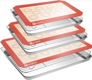 Stainless Steel Baking Sheet Tray Cooling Rack with Silicone Baking Mat Set, Cookie Pan with Cooling Rack, Set of 9 (3 Sheets   3 Racks   3 Mats), 10/12/16 Inch, Easy Clean