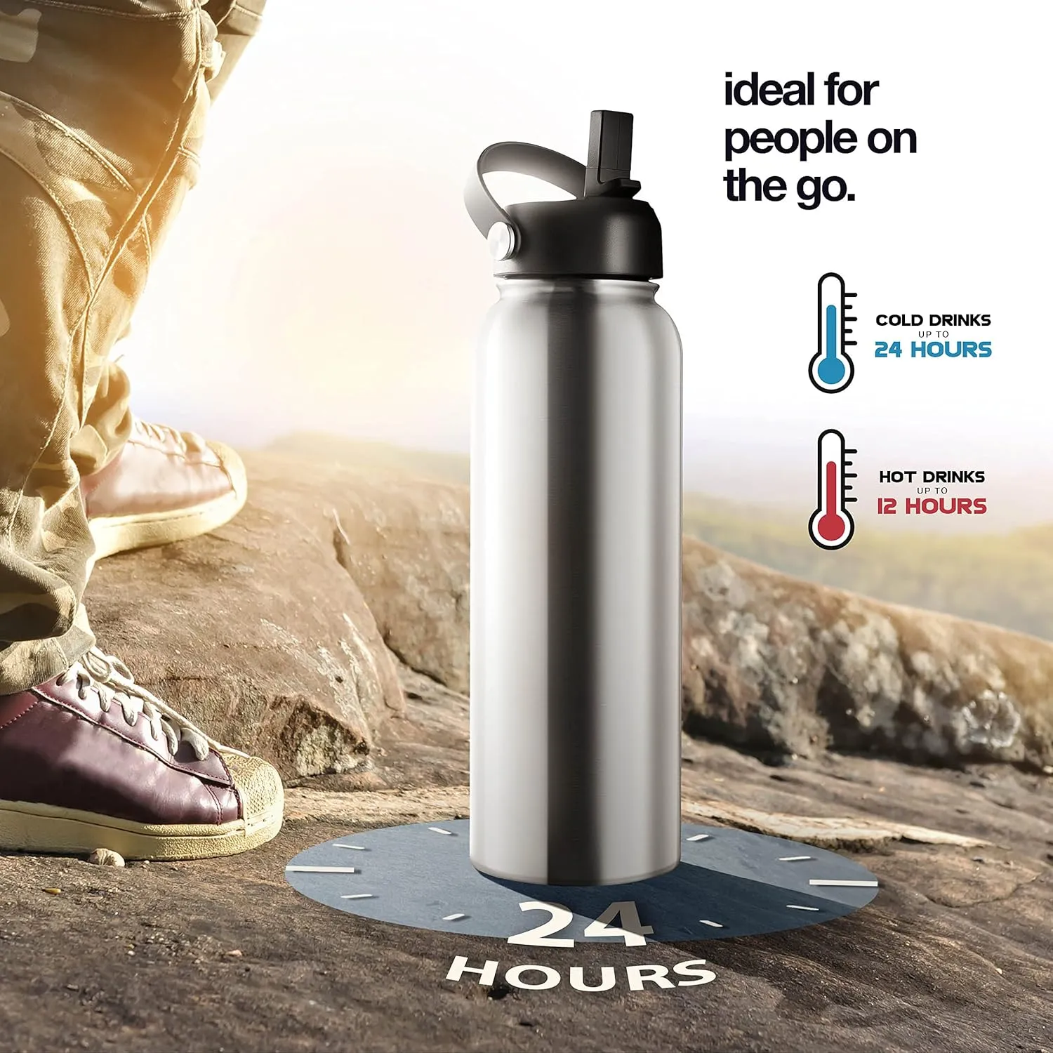 Stainless Steel Insulated Water Bottle and Travel Mug for Hot and Cold Beverages, Wide Mouth, Double Wall Insulated Hydration Sports Water Bottle for Hiking, Biking, Outdoor, 40 OZ BPA Free
