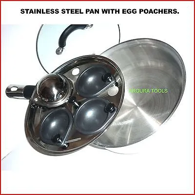 STAINLESS STEEL SAUTE PAN WITH EGG POACHERS - BRAND NEW.