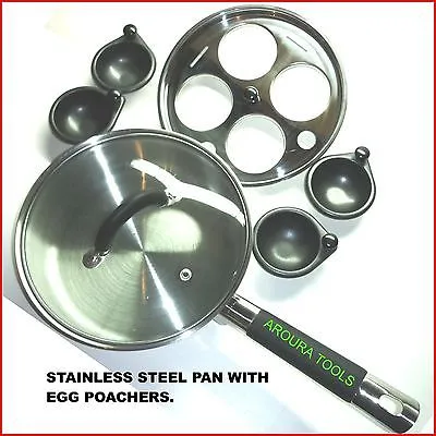 STAINLESS STEEL SAUTE PAN WITH EGG POACHERS - BRAND NEW.