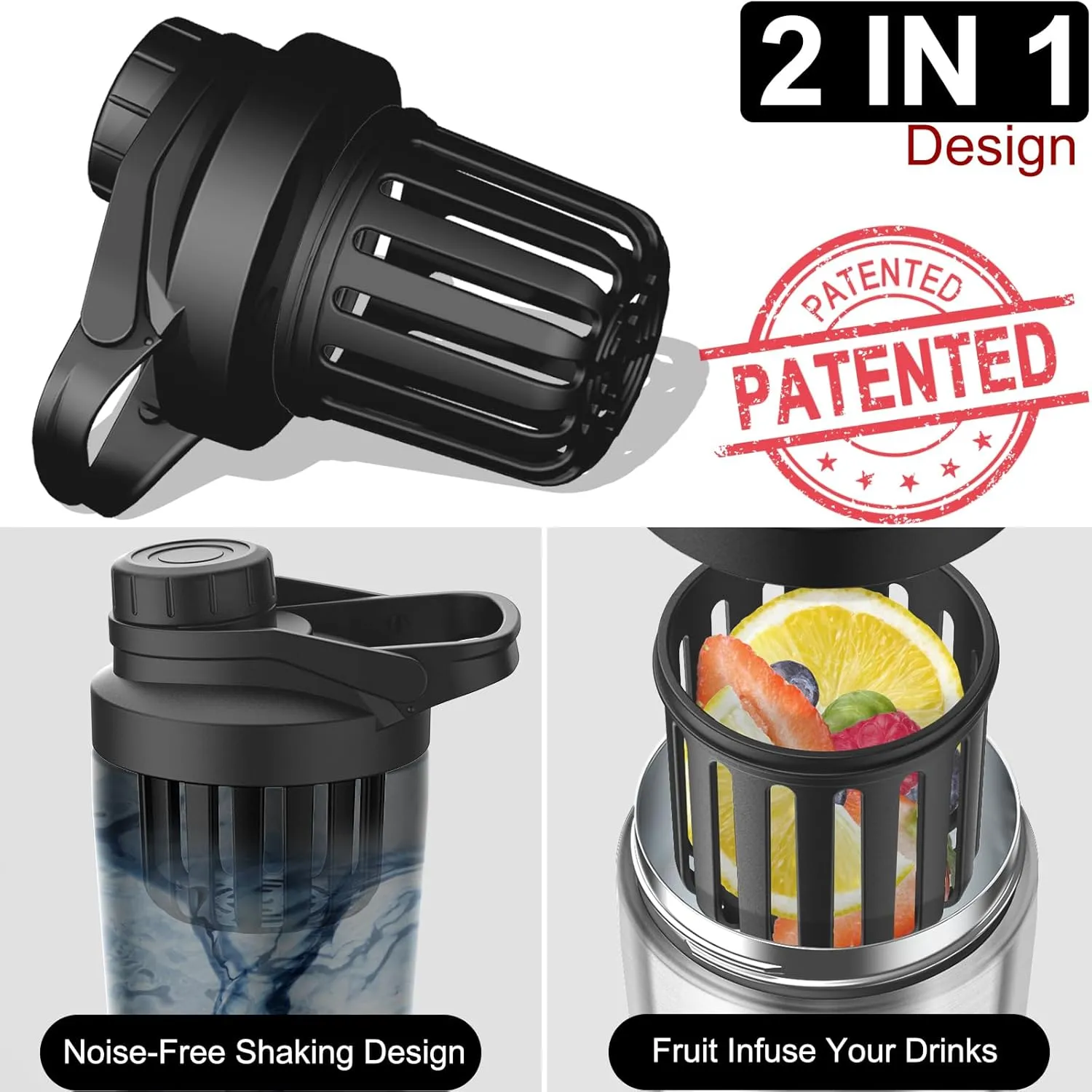 Stainless Steel Shaker Bottle with Noise-Free Design - Patented 24 oz Insulated Metal Shakers Bottles Cup for Protein Mixes and Pre Workout 100% Leak Proof (Dark Flame)