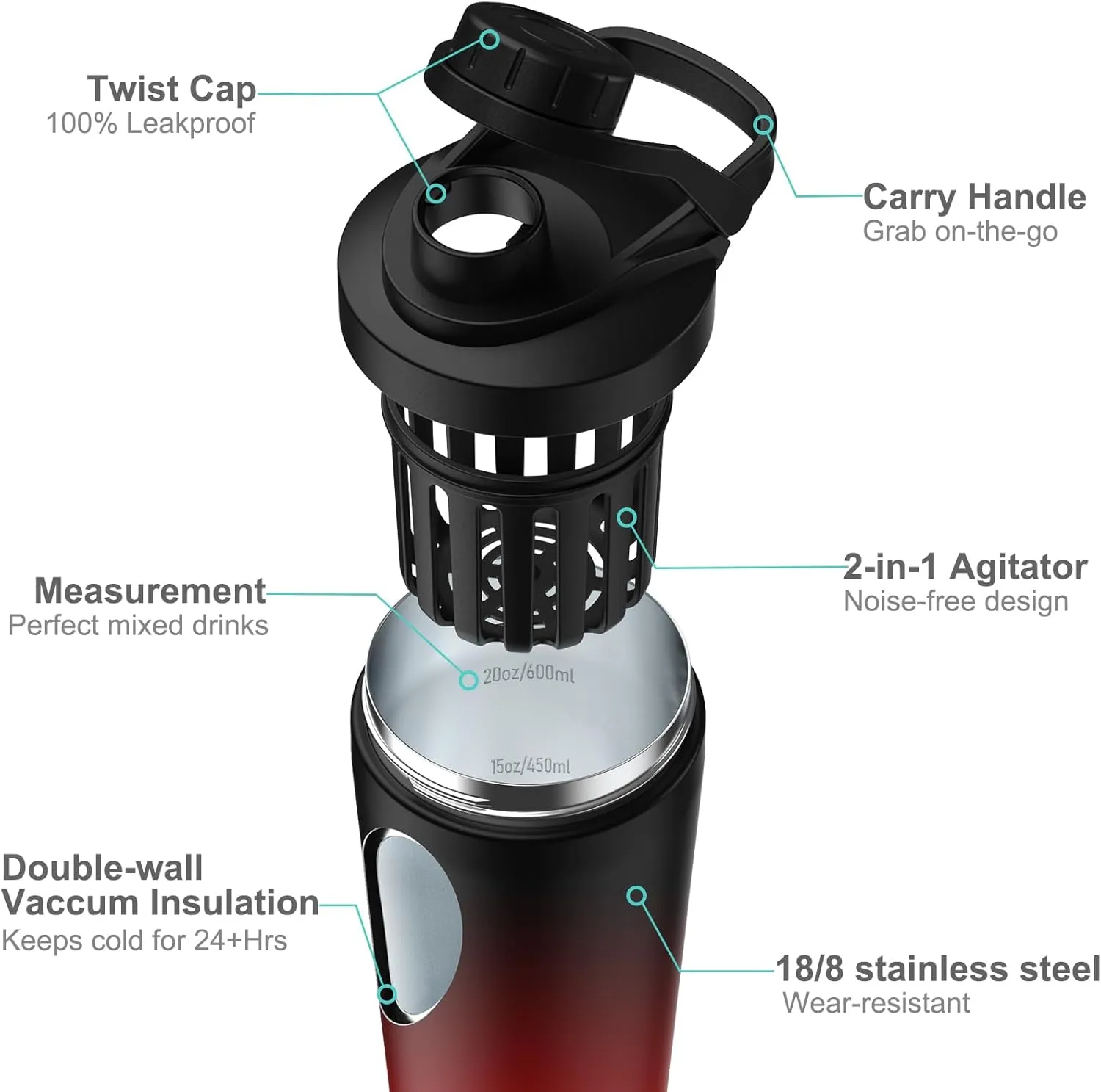 Stainless Steel Shaker Bottle with Noise-Free Design - Patented 24 oz Insulated Metal Shakers Bottles Cup for Protein Mixes and Pre Workout 100% Leak Proof (Dark Flame)