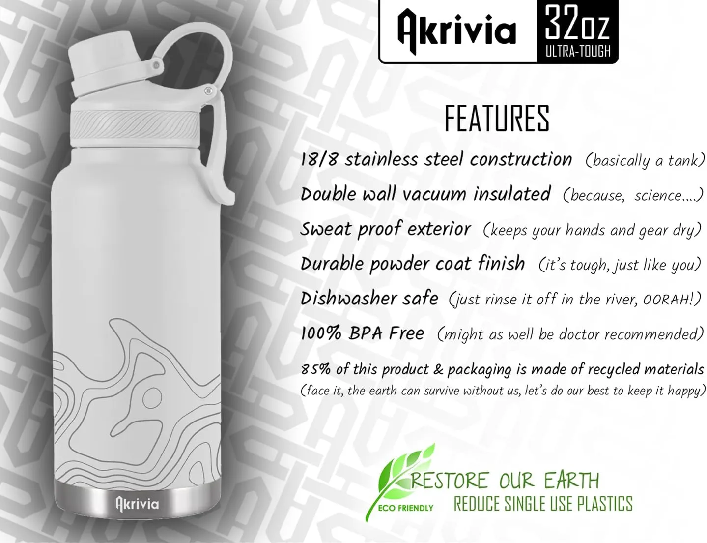 Stainless Steel Water Bottle - Ultra Tough 32oz / 1 Liter Vacuum Insulated Double Wall Flask, Metal Canteen, (Arctic White/Gray)