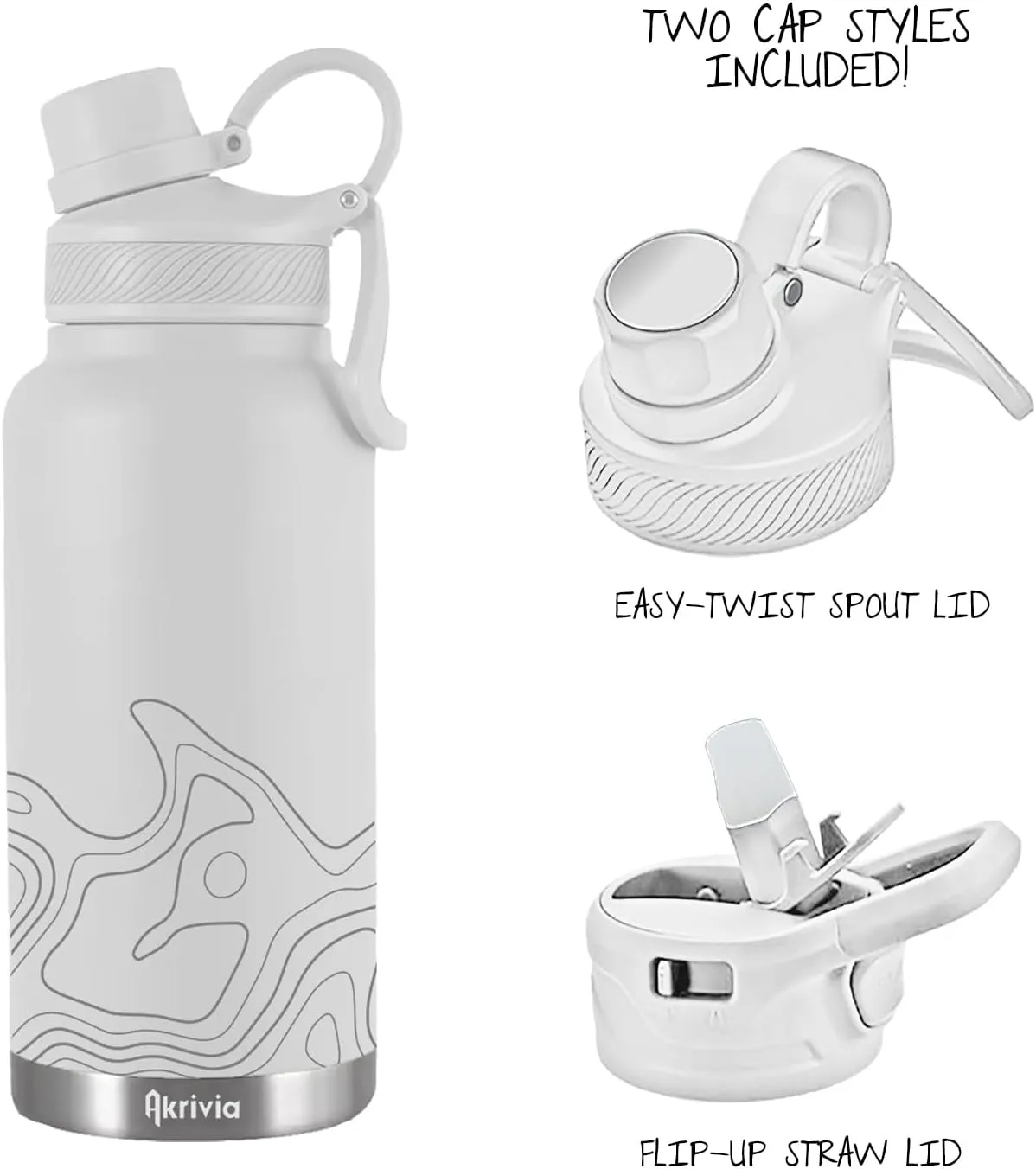 Stainless Steel Water Bottle - Ultra Tough 32oz / 1 Liter Vacuum Insulated Double Wall Flask, Metal Canteen, (Arctic White/Gray)