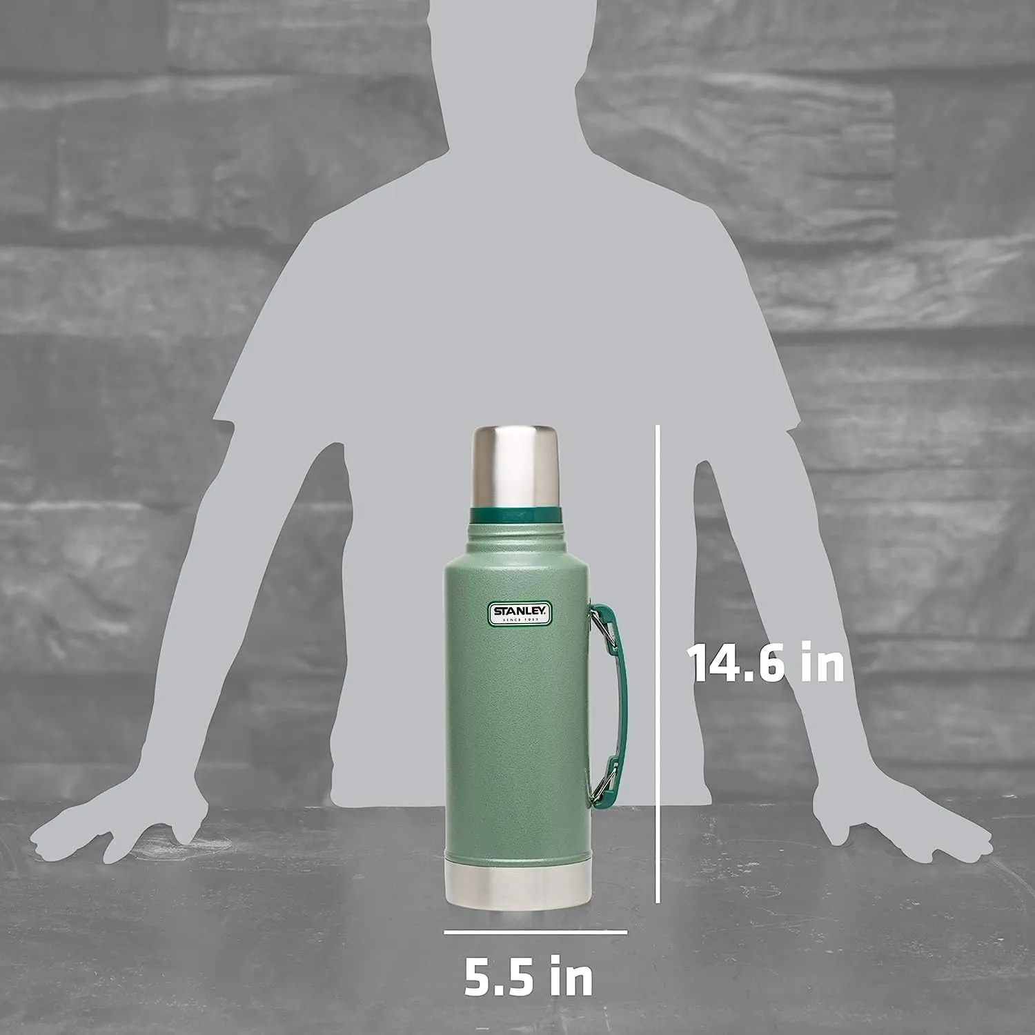 Stanley Heritage Classic Vacuum Bottle with Handle 2.0 qt | Wide Mouth with Leakproof Cup Lid | Keep Drinks Hot or Cold for Travel | Insulated Stainless Steel Thermos | BPA-Free | Hammertone Green