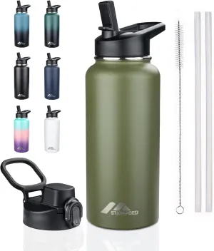 StarSpeed 32oz Insulated Water Bottle with Straws & 2 Lids, Stainless Steel Double Walled Vacuum Water Flask, Wide Mouth Sports Water Bottle for Gym Camping Hiking, Navy Green
