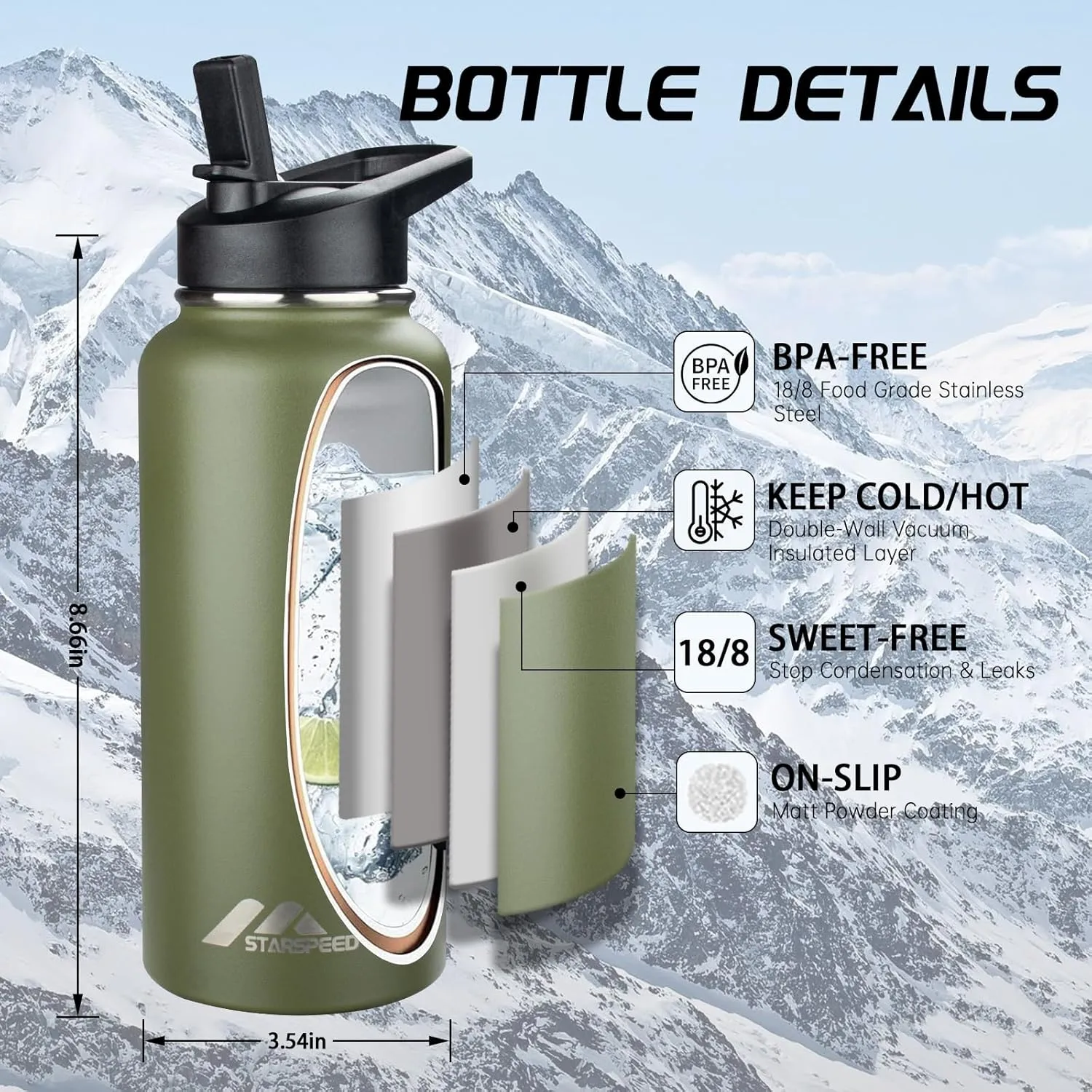 StarSpeed 32oz Insulated Water Bottle with Straws & 2 Lids, Stainless Steel Double Walled Vacuum Water Flask, Wide Mouth Sports Water Bottle for Gym Camping Hiking, Navy Green