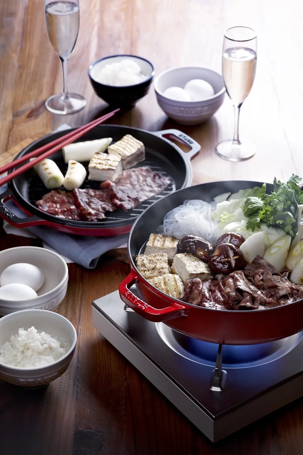 Staub 40508-281 Sukiyaki & Grill Cherry, 10.2 inches (26 cm), Double Handed, Cast Iron, Enameled Pot, Sukiyaki Pot, Grill Pan, Induction Compatible, Genuine Japanese Product