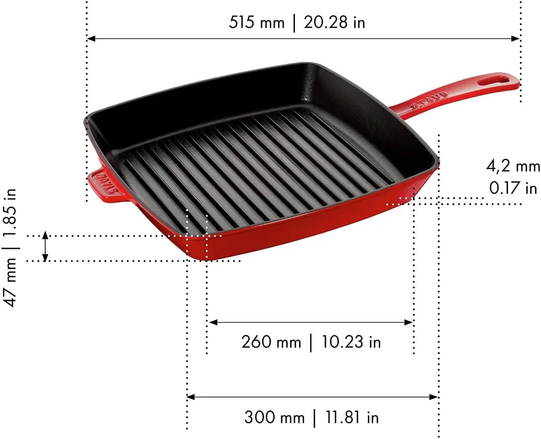 Staub Cast Iron 12-inch Square Grill Pan - Cherry, Made in France