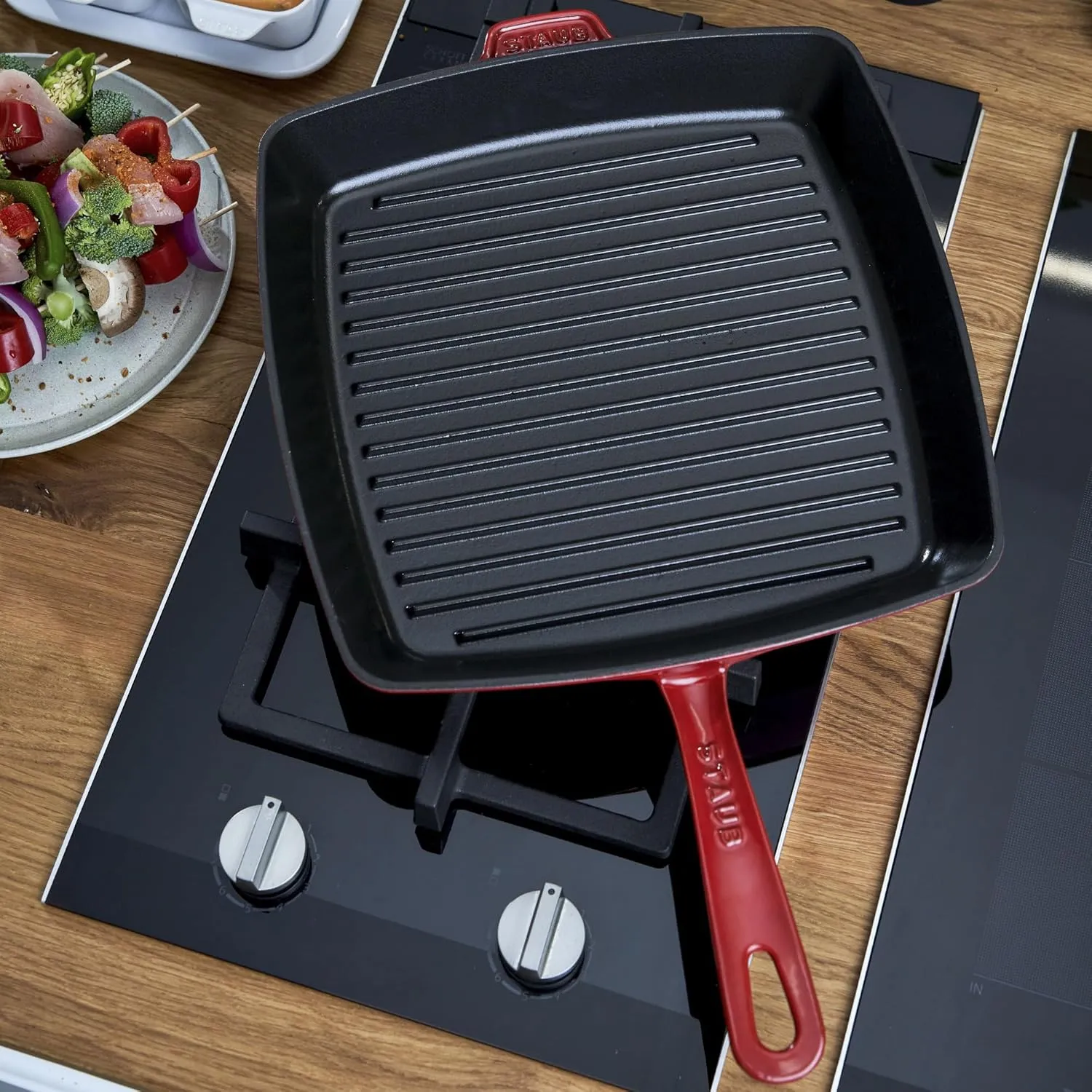 Staub Cast Iron 12-inch Square Grill Pan - Cherry, Made in France