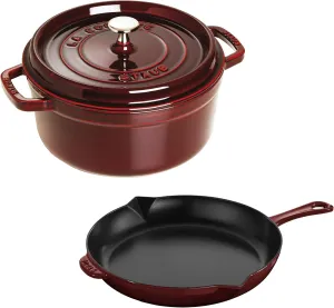 Staub Cast Iron 3-pc Cocotte and Fry Pan Set-Grenadine, Made in France