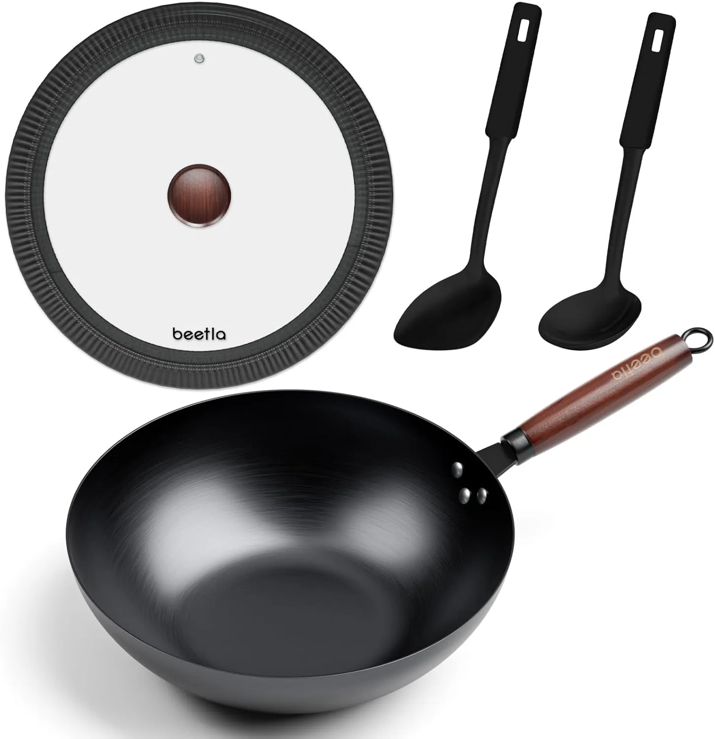 Steel Wok Pan, 11.8-inch/12.6-inch/13.4-inch Stir Fry Pans Chinese Wok Flat bottom Iron wok for Induction, Electric, Gas, Halogen All Stoves Ideal for Stovetop Cooking (11.8-inch)