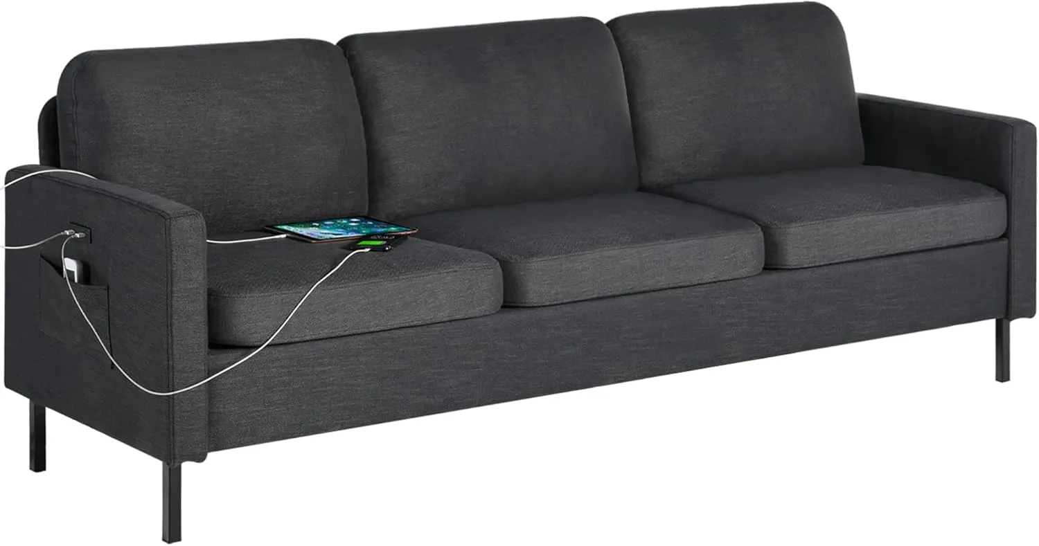 STHOUYN 72" W Sectional Sofa 3 Seat Couch, Mid Century Modern Sofa with 2 USB, Couches Sofas for Living Room Apartment Bedroom, Comfortable Small Couches for Small Spaces (Dark Grey (3-Seater))