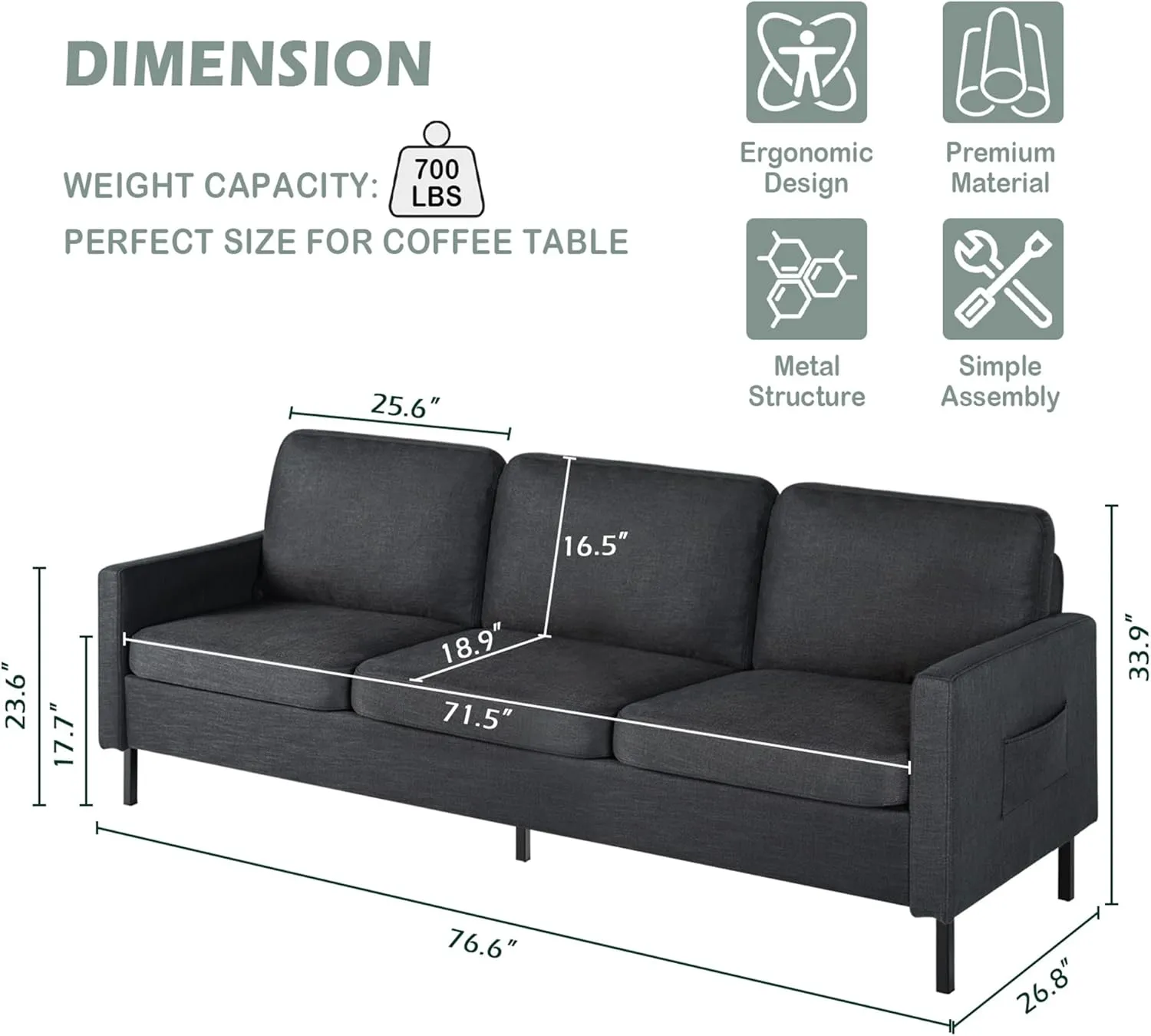 STHOUYN 72" W Sectional Sofa 3 Seat Couch, Mid Century Modern Sofa with 2 USB, Couches Sofas for Living Room Apartment Bedroom, Comfortable Small Couches for Small Spaces (Dark Grey (3-Seater))