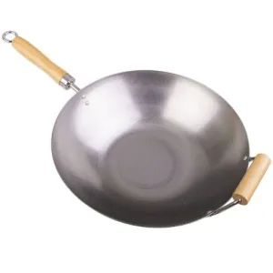 Stir Fry Pan Carbon Steel Wok Flattened Base Wooden Handle Chinese 36cm D.Line