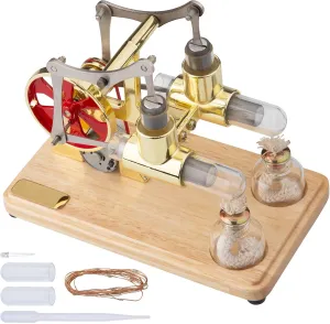 Stirling Engine Model Kit, Balance Twin Cylinder Hot Air Stirling Engine Motor Model with LED Lamp, Mechanical Metal Stirling Motor Electricity Power Generator Engine Kit, Type 5