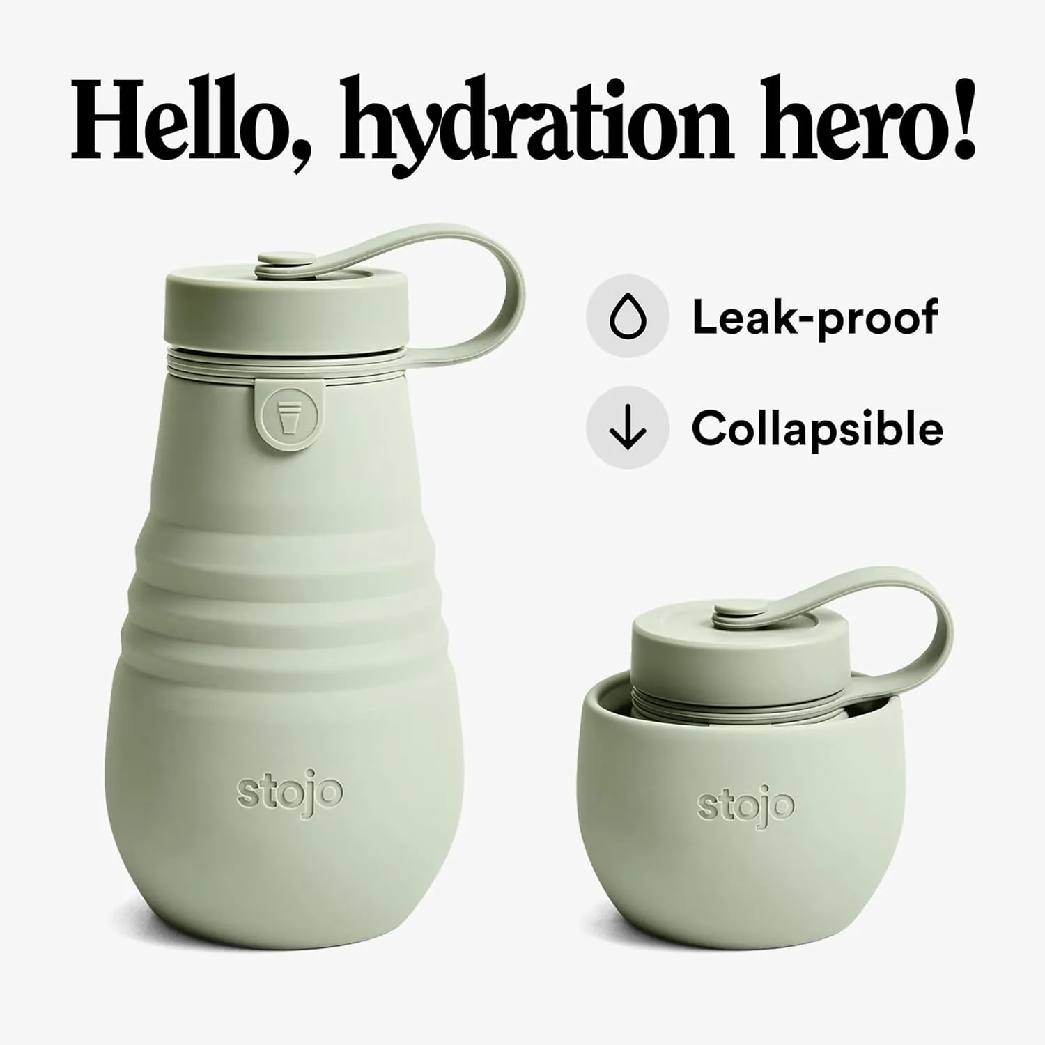 STOJO Jr Collapsible Bottle for Kids - Sage Green, 14oz / 400ml - Leak-Proof Reusable Silicone Travel Cup for Hot & Cold Drinks - On-The-Go Camping & Hiking - Microwave & Dishwasher Safe