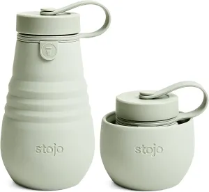 STOJO Jr Collapsible Bottle for Kids - Sage Green, 14oz / 400ml - Leak-Proof Reusable Silicone Travel Cup for Hot & Cold Drinks - On-The-Go Camping & Hiking - Microwave & Dishwasher Safe