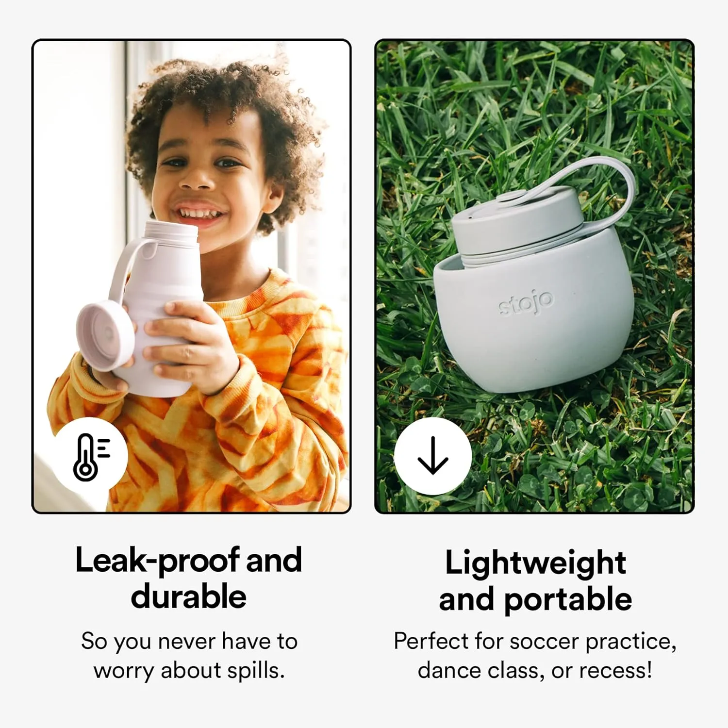 STOJO Jr Collapsible Bottle for Kids - Sage Green, 14oz / 400ml - Leak-Proof Reusable Silicone Travel Cup for Hot & Cold Drinks - On-The-Go Camping & Hiking - Microwave & Dishwasher Safe