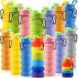 Sunnyray 14 Pack Collapsible Water Bottles Travel 17oz Silicone Portable Foldable Bottles Leak Proof Reusable Sports Cups with Clip for Camping Hiking Cycling Outdoor(Lighted Color)