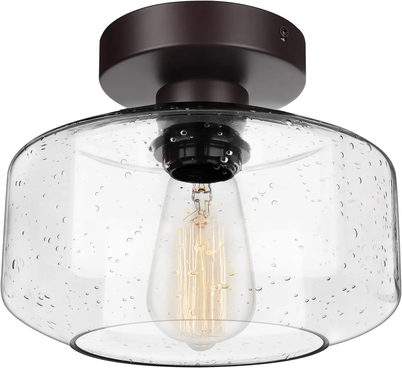 SunRider Industrial Semi-Flush Mount Ceiling Light Fixture, Seeded Glass Pendant Lamp Shade, Brown Indoor Farmhouse Lights for Hallway Porch Bedroom