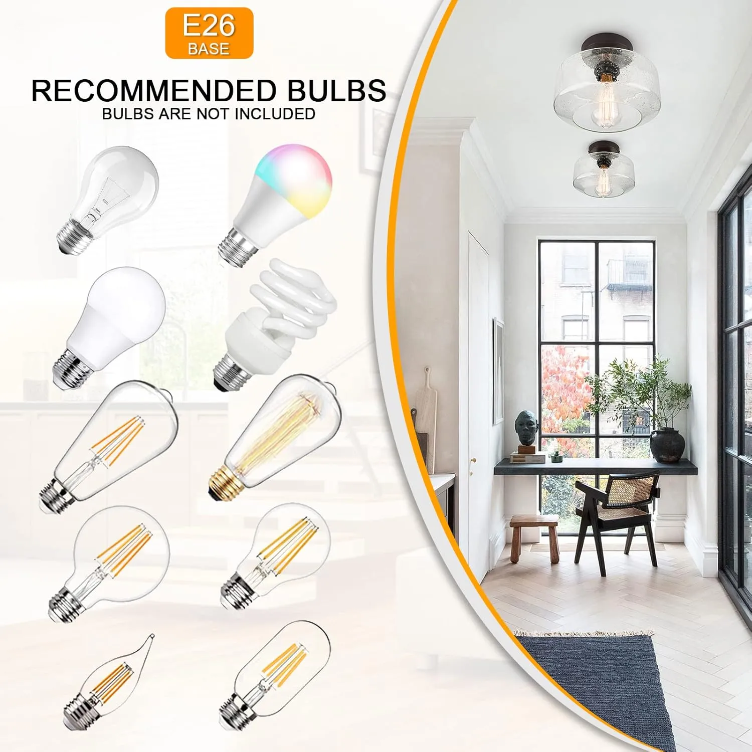 SunRider Industrial Semi-Flush Mount Ceiling Light Fixture, Seeded Glass Pendant Lamp Shade, Brown Indoor Farmhouse Lights for Hallway Porch Bedroom