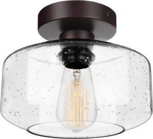 SunRider Industrial Semi-Flush Mount Ceiling Light Fixture, Seeded Glass Pendant Lamp Shade, Brown Indoor Farmhouse Lights for Hallway Porch Bedroom