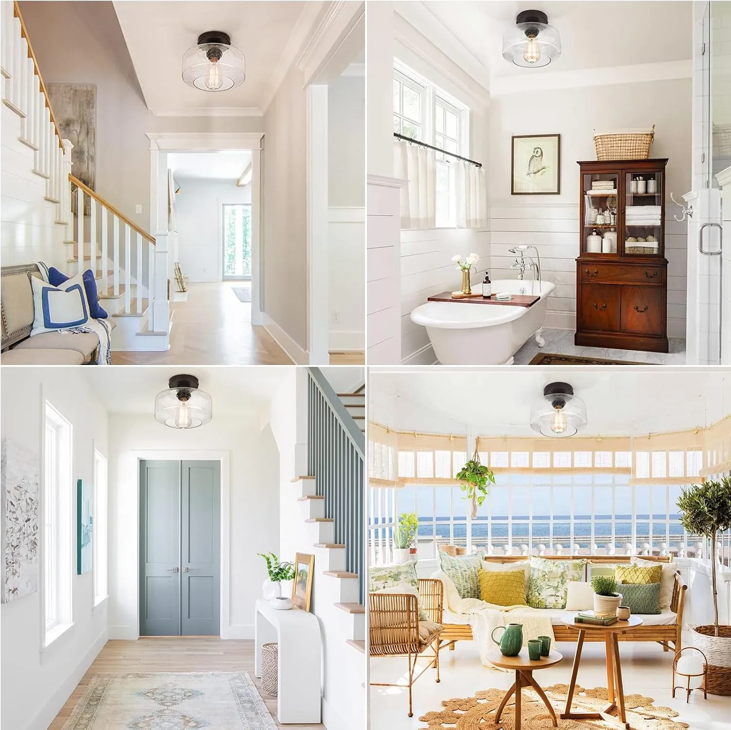 SunRider Industrial Semi-Flush Mount Ceiling Light Fixture, Seeded Glass Pendant Lamp Shade, Brown Indoor Farmhouse Lights for Hallway Porch Bedroom